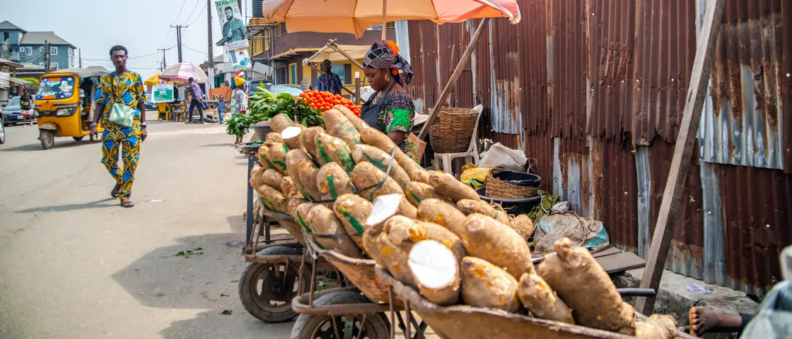 A street market in Lagos: a trader selling vegetables and yams under coloured umbrellas, a keke passing on the road.