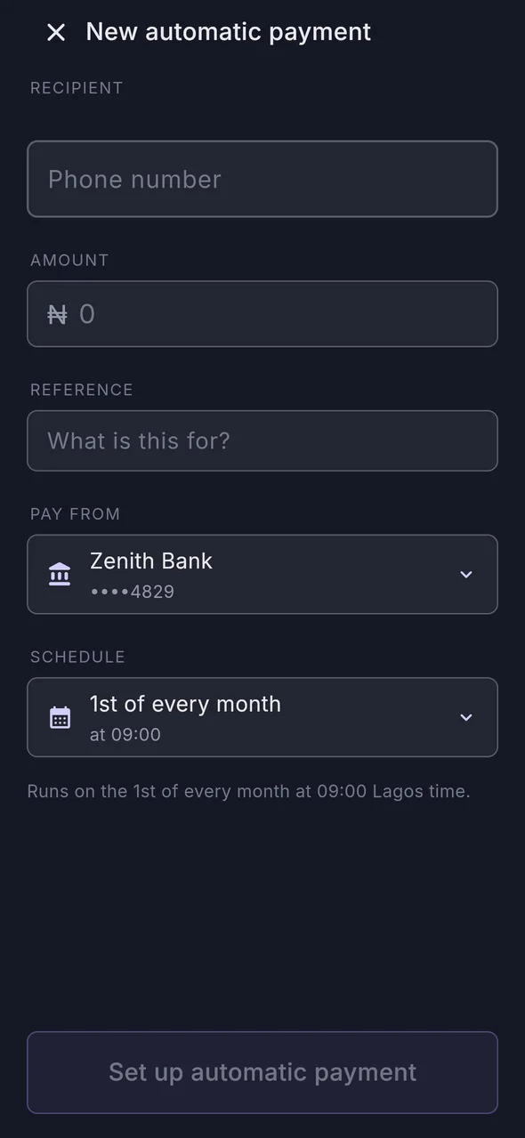 Setting up an automatic payment: who it pays, how much, the day of the month it runs, and the account it draws from.