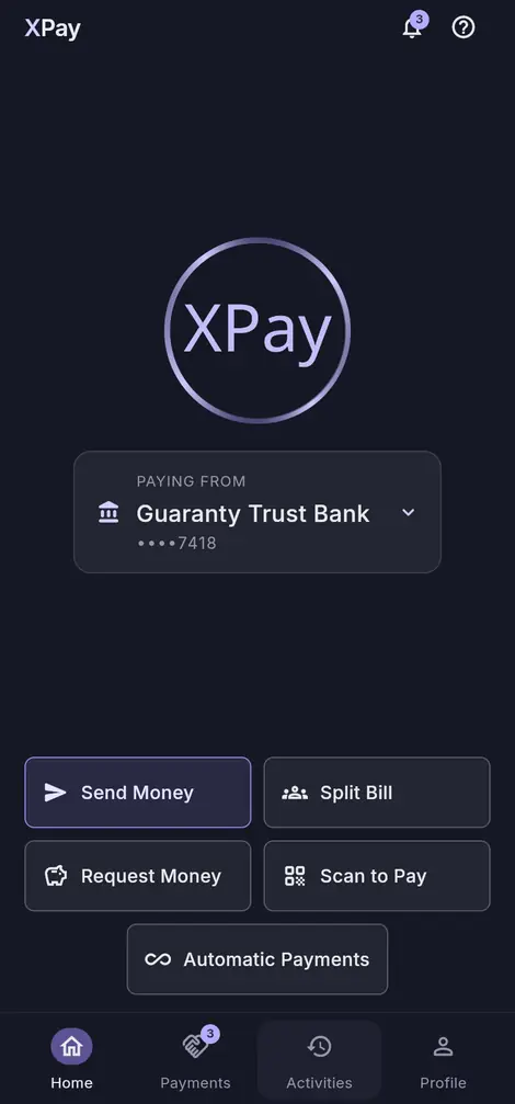 The xPay GO home screen: the bank account being paid from, and the five things you can do — send money, split a bill, request money, scan to pay, and automatic payments.