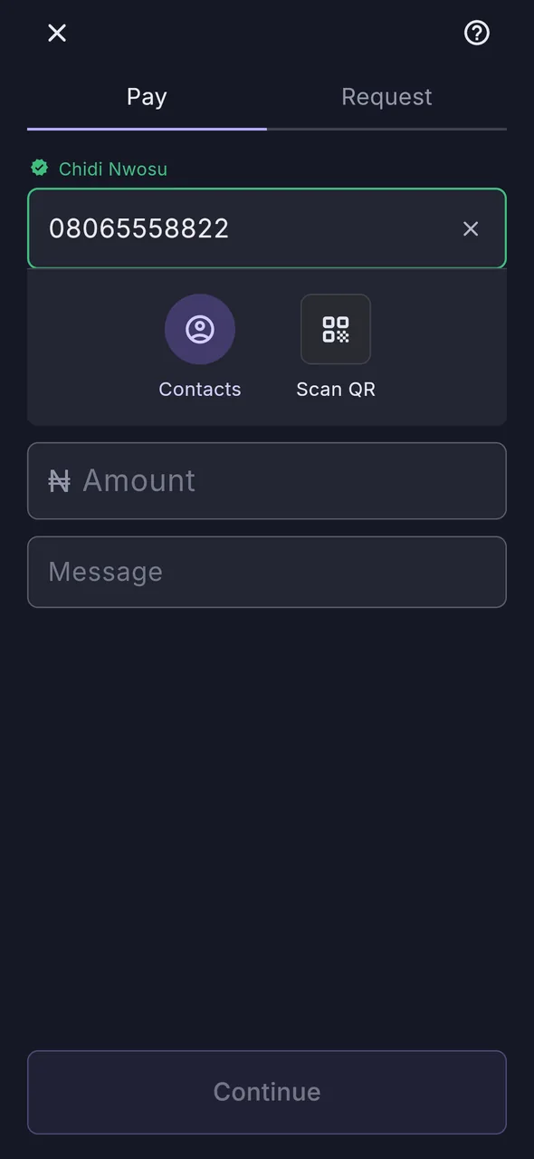 Paying someone: the phone number 08065558822 has been entered, and above it the account name Chidi Nwosu has come back from the bank with a green seal. The amount has not been filled in yet.