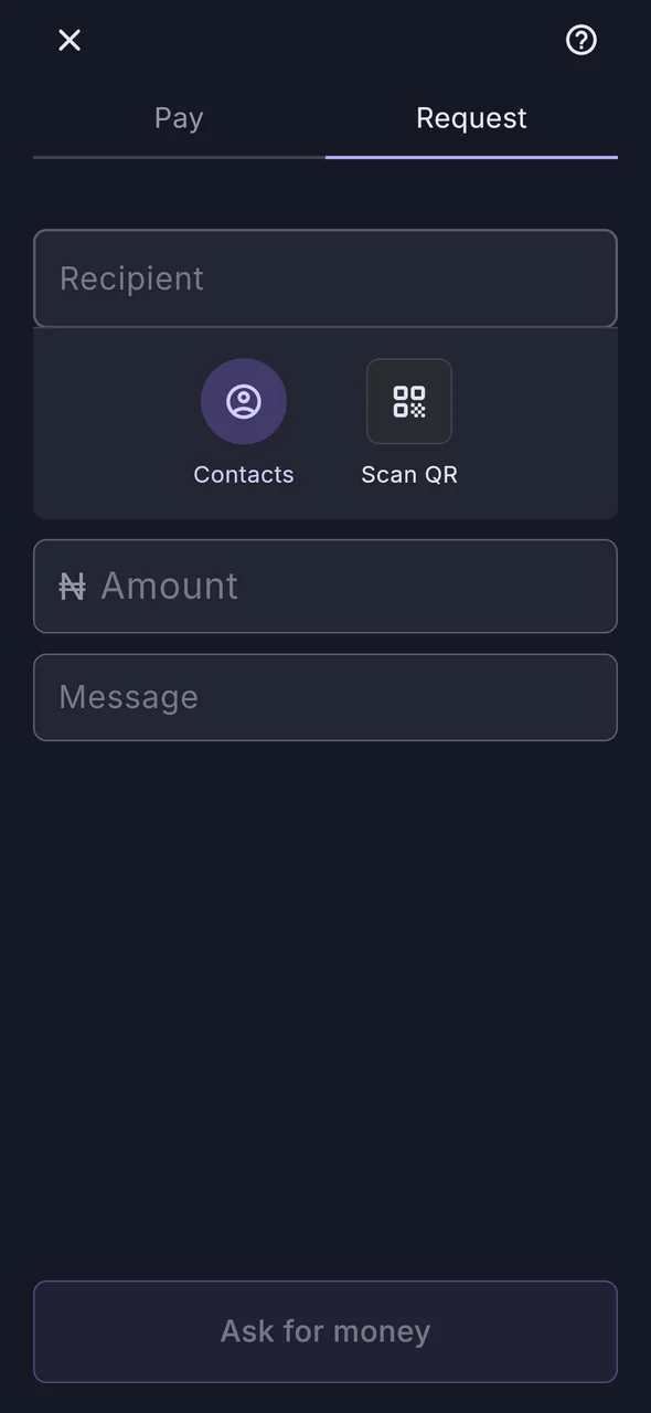Asking someone for money — the same screen as paying, with Request selected instead of Pay.