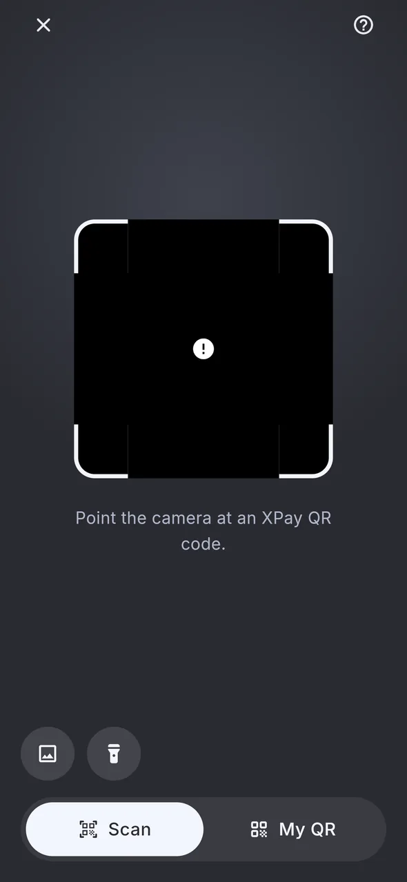 The camera open to scan a code to pay, with a torch, a gallery button, and a switch to show your own code instead.